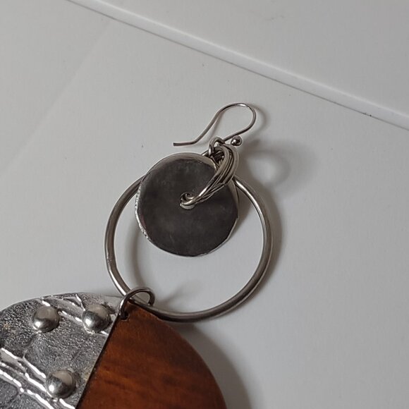 Very Large Wood And Metal Dangle Earrings - Picture 5 of 16